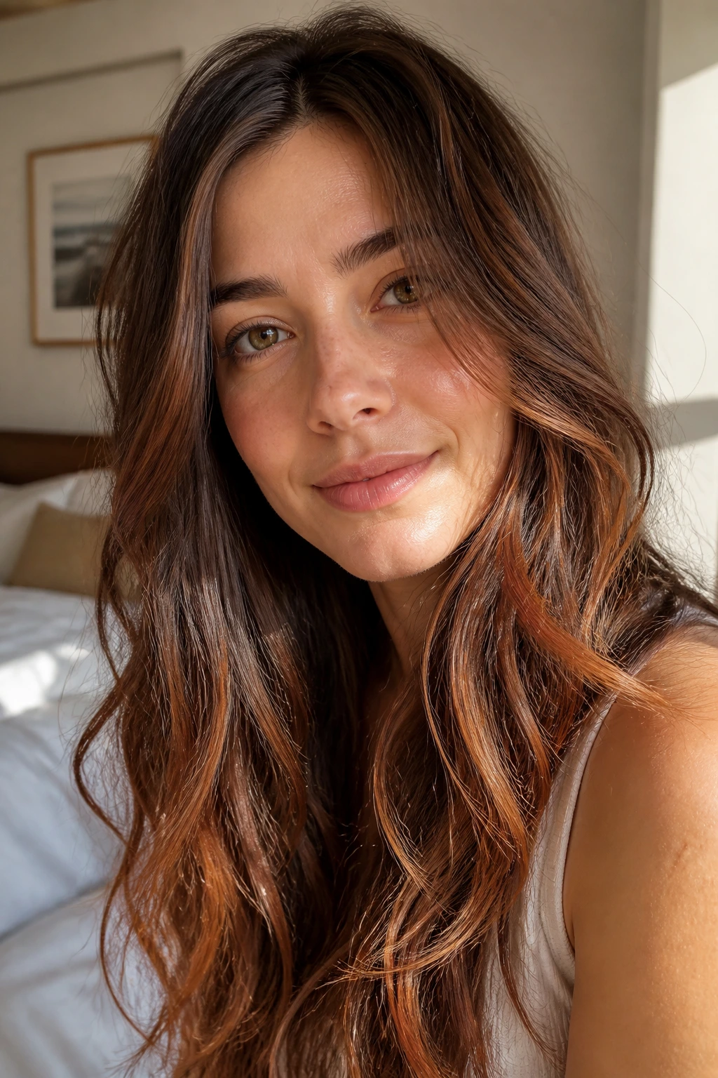 Close-up of brown hair with fine strawberry ribbons through mid-lengths and ends.