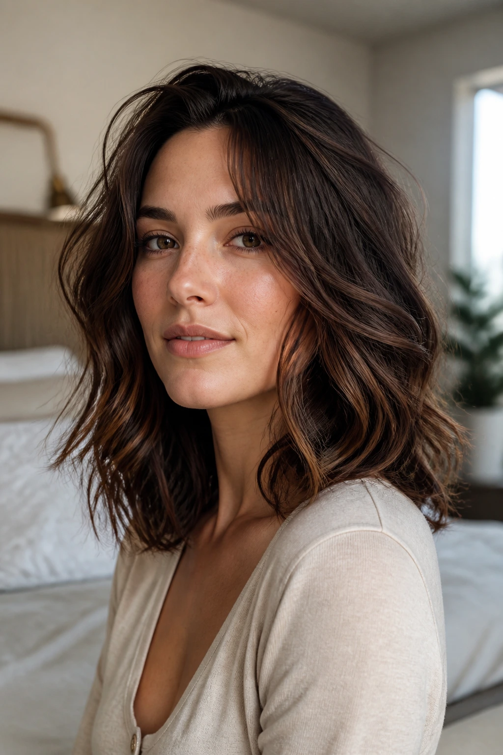 Portrait of a woman with textured brown hair showing variations
