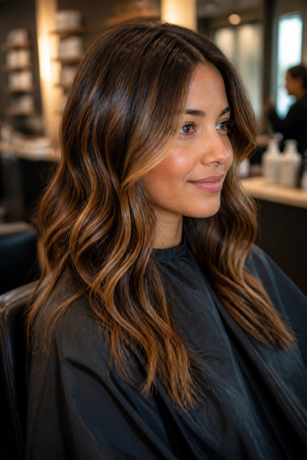 Client in salon chair shows subtle brown color planning with dimension