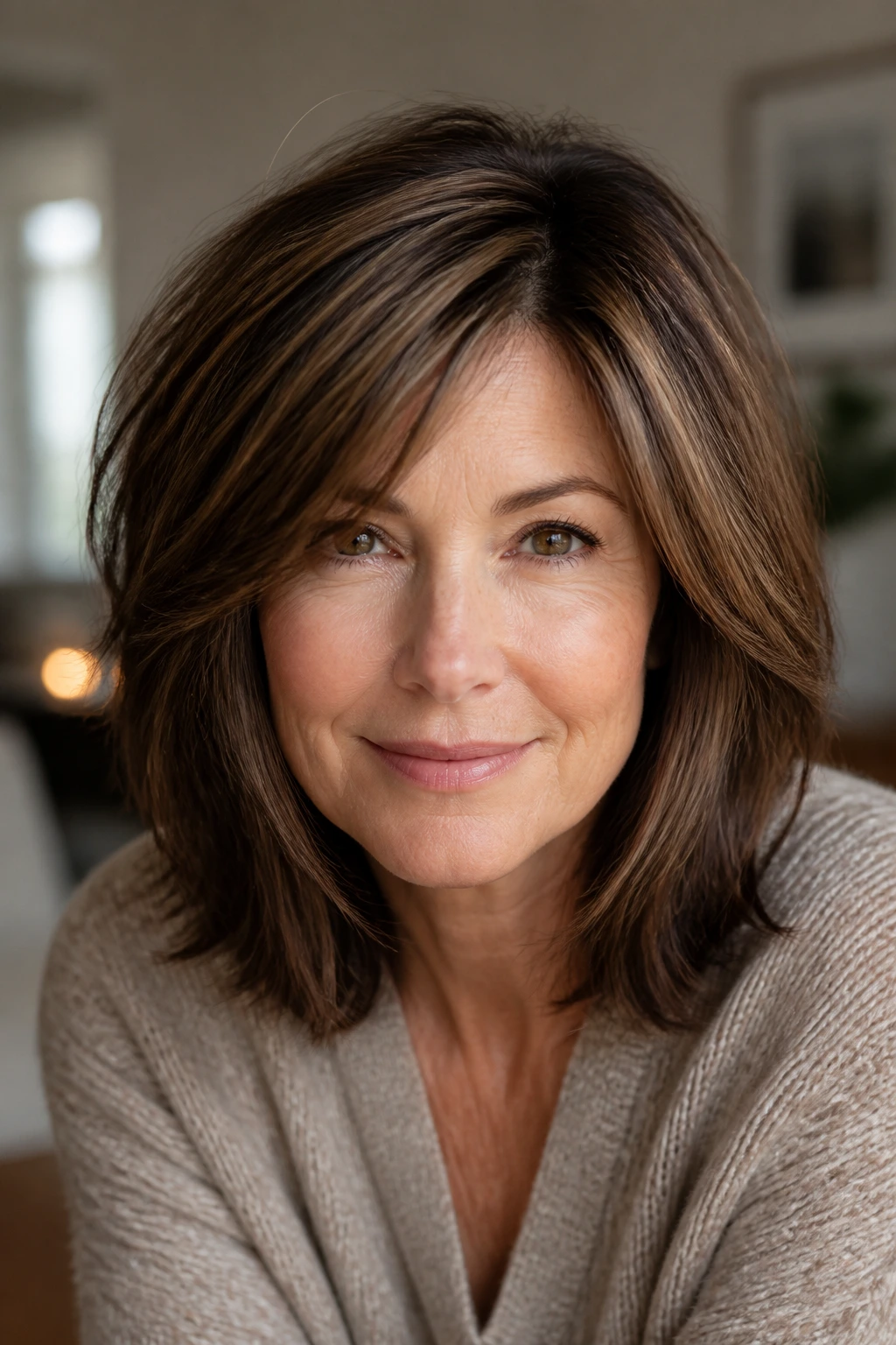 Close-up of a real woman's fine hair with brown highlights showing density