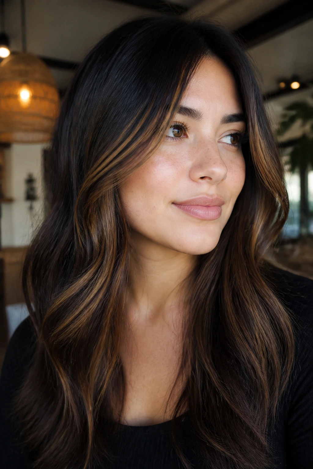 Portrait of a person with fresh brown face-frame highlights around the cheeks
