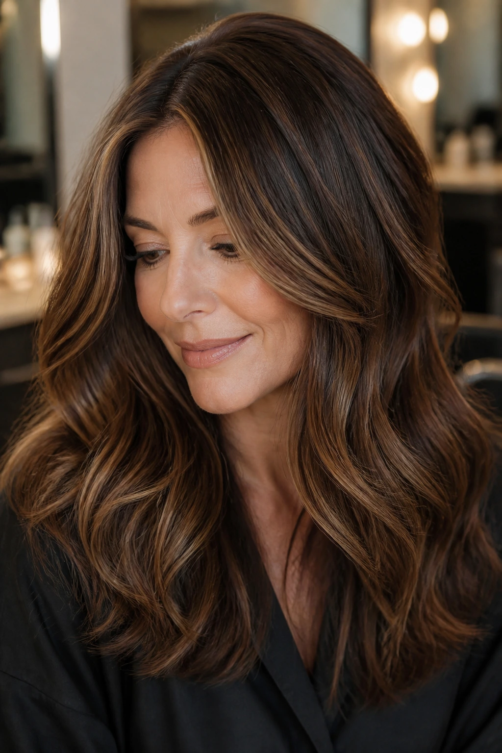 Close-up of a real woman's hair with glossy brown highlights looking well maintained