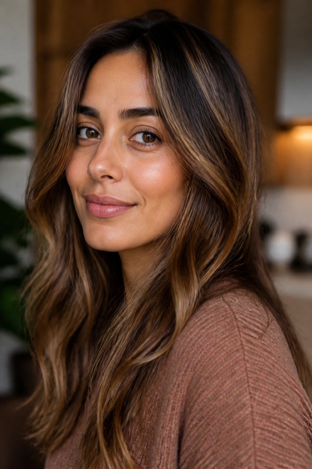 Close-up of hair with brown medium highlights blending into warm skin tones