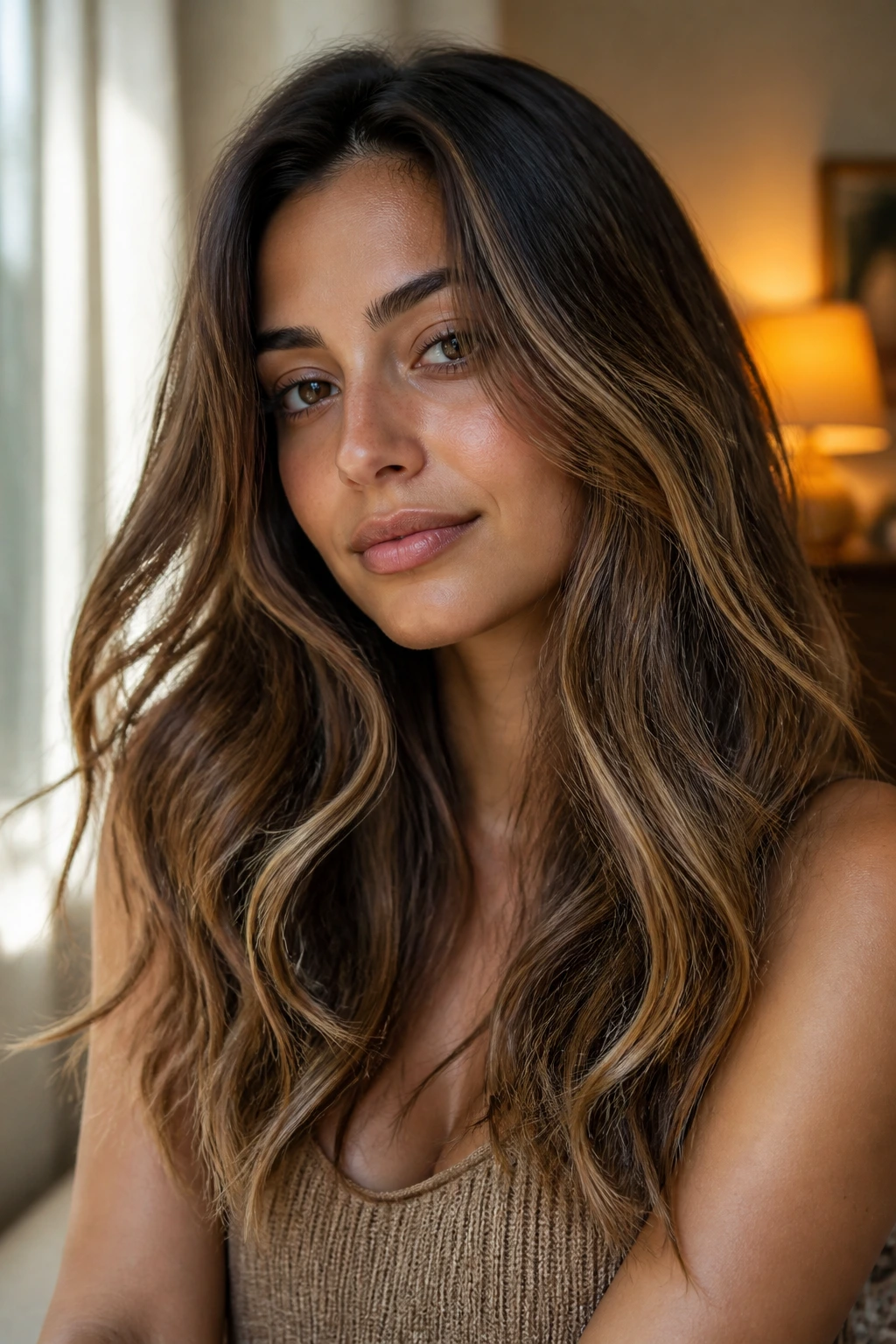 Close-up of olive skin with brown base and honey highlights under mixed lighting.