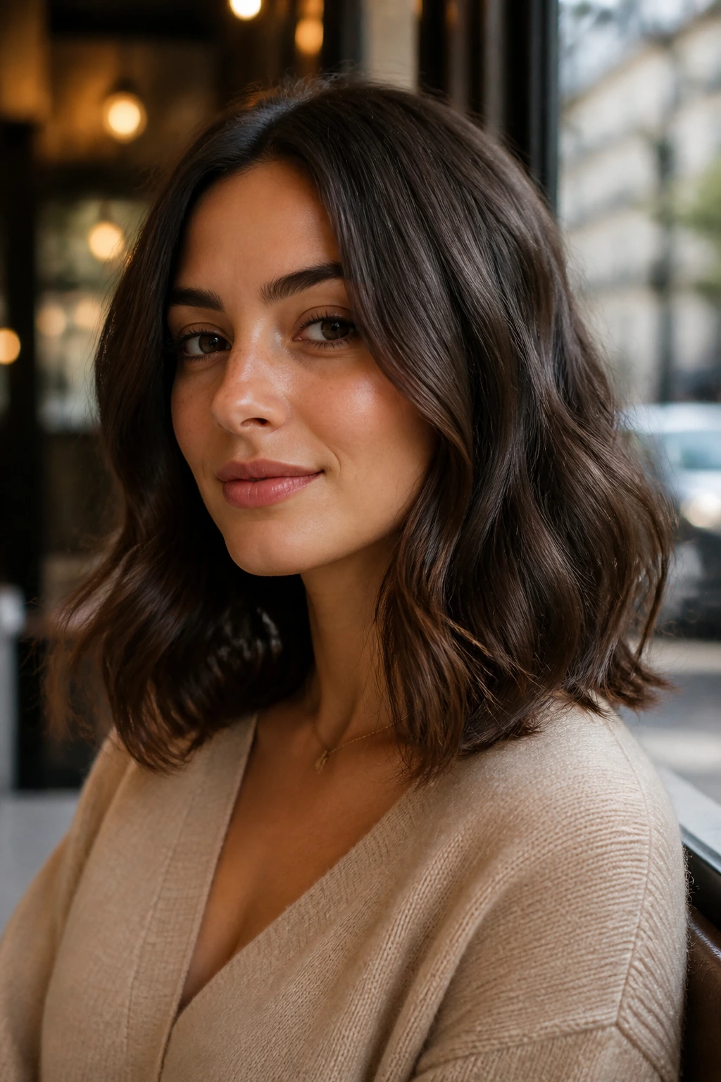 Close-up portrait of a real woman with a rich brown, collarbone-length wavy lob, lit by warm cafe light