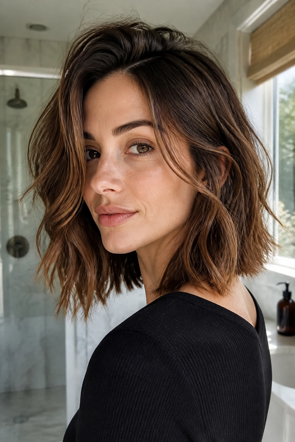 Portrait of a real woman with a brown lob styled with root grip and varied mid-length bends