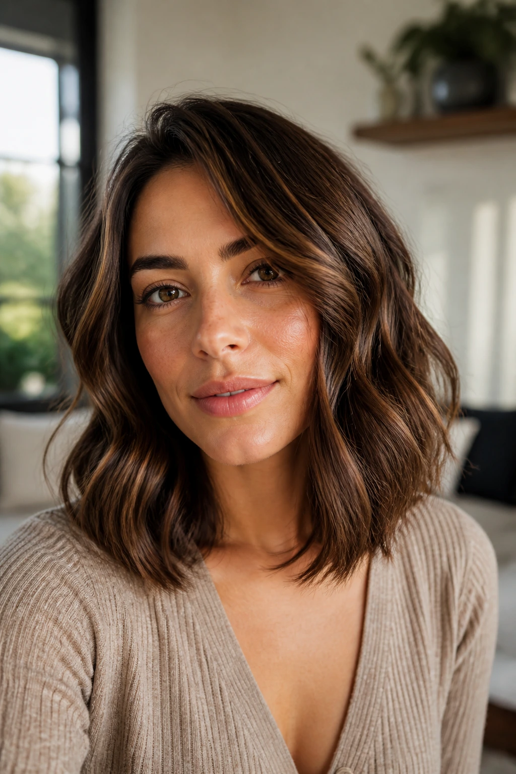 Close-up portrait of a real woman with a chestnut brown long bob and soft waves