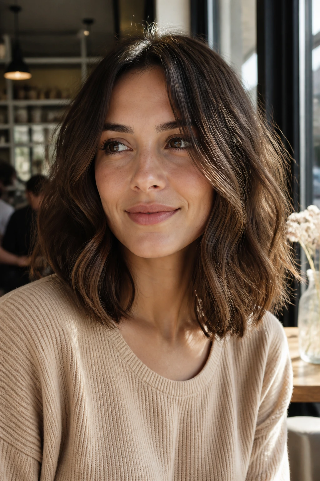 Portrait of a real woman with a brown long bob in natural waves by a sunny window