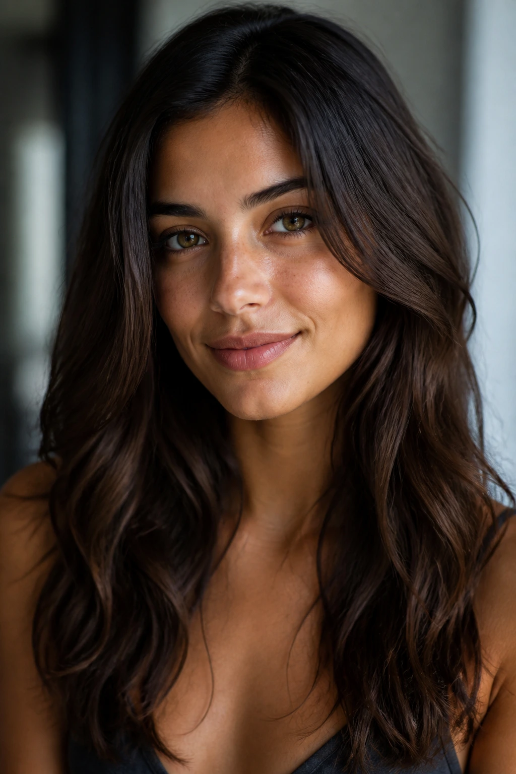 Close-up portrait showing brown hair on olive skin under soft window light