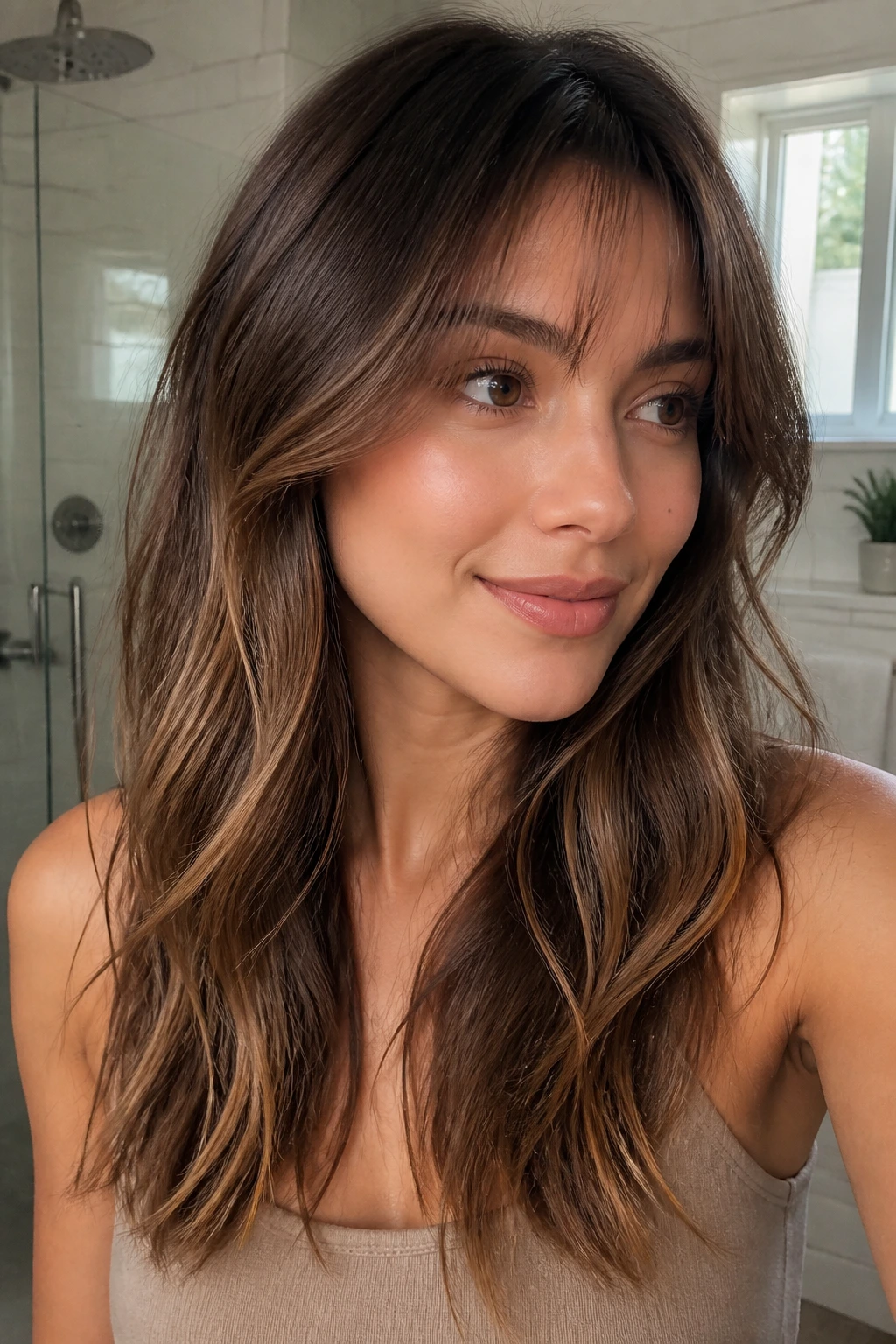 Close-up portrait of a real woman with brown ombre hair and curtain bangs in warm window light