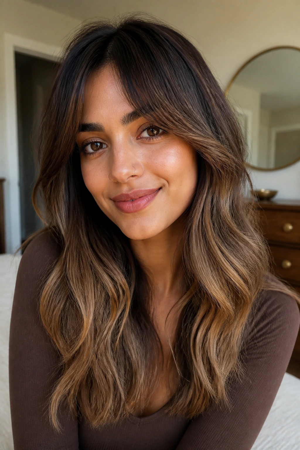 Close-up portrait illustrating brown ombre with curtain bangs on medium skin.