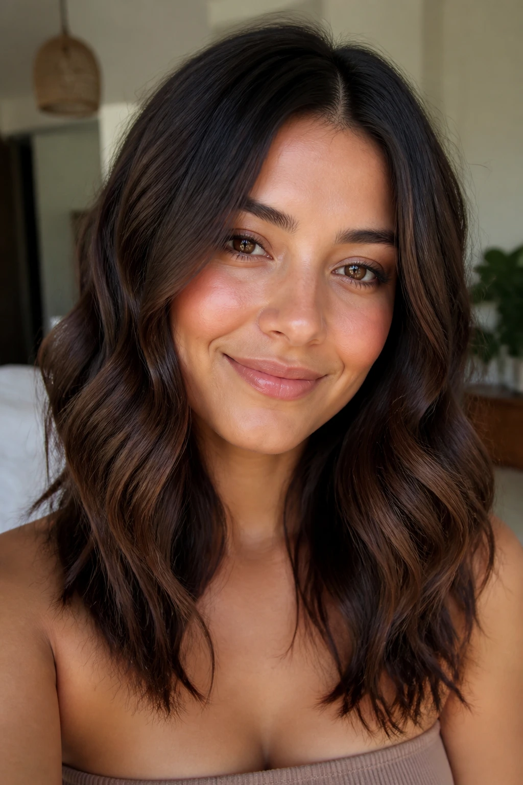 Portrait of a real woman with deep brown wavy hair and natural bend