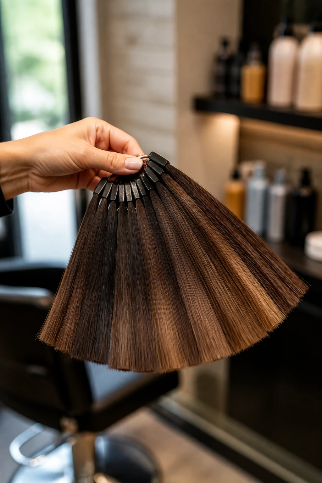 Close-up of warm brown hair color swatches in a salon for shade selection