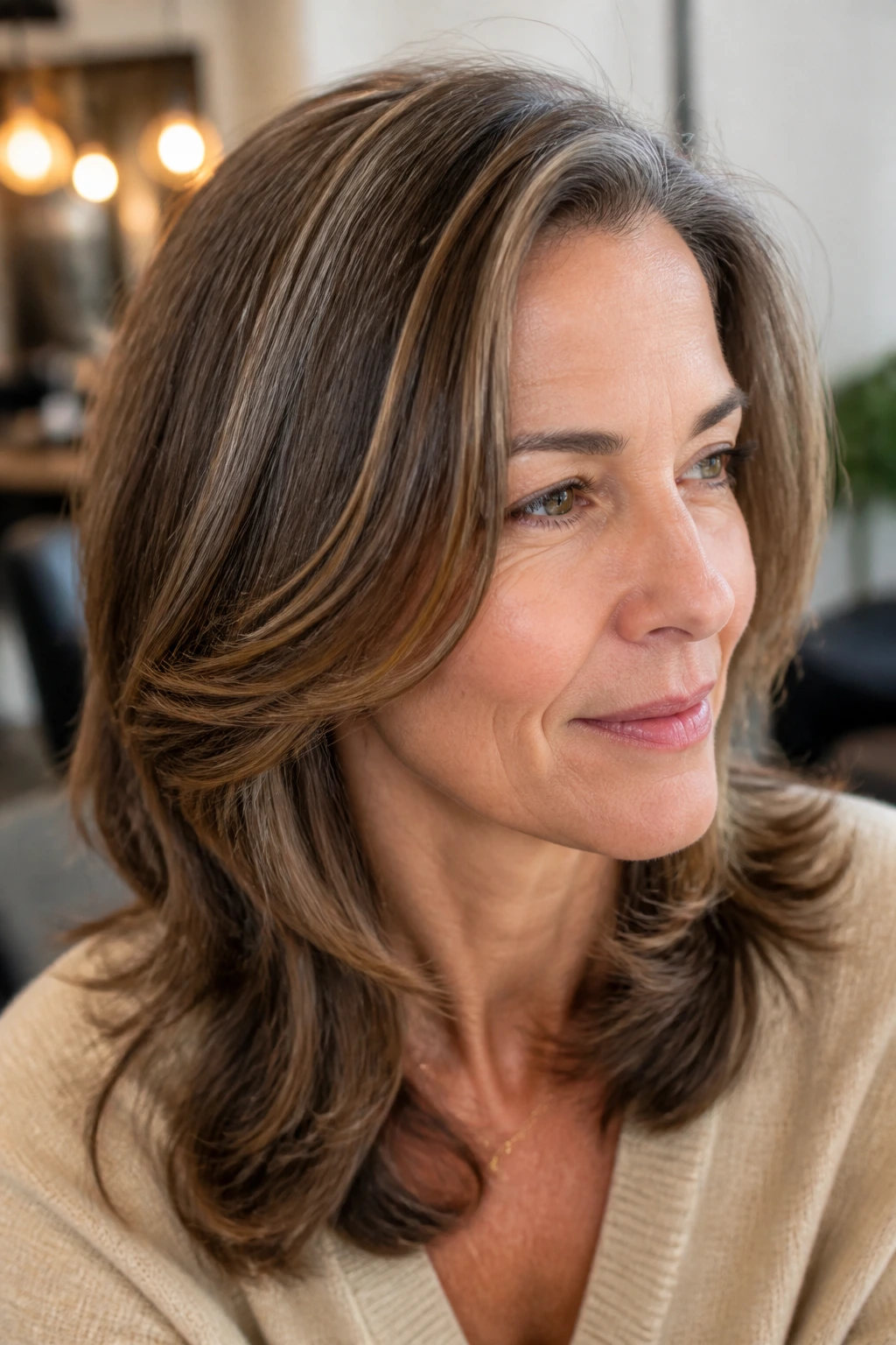 Close-up of a real woman's hair showing brown shade matching skin tone with gray pattern