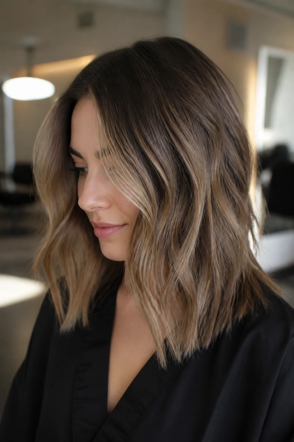 Portrait of a person with multi-tone brown hair in ash, beige, and mushroom tones