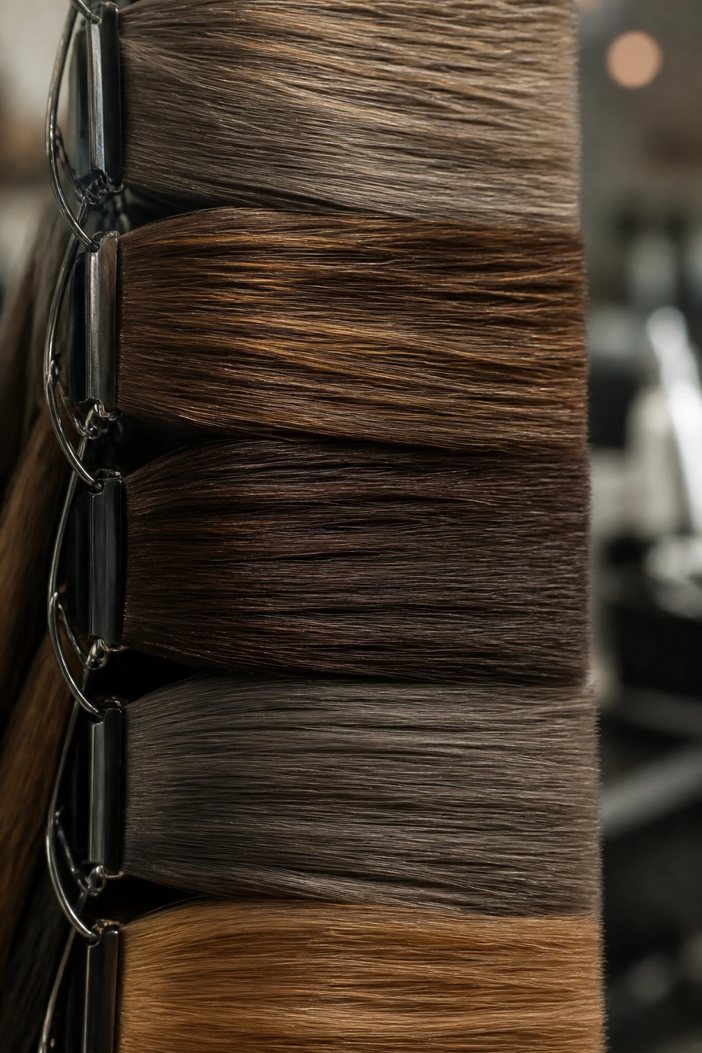 Close-up of a hair color swatch palette showing mushroom brown, chestnut, cocoa, taupe, and caramel tones in a salon setting