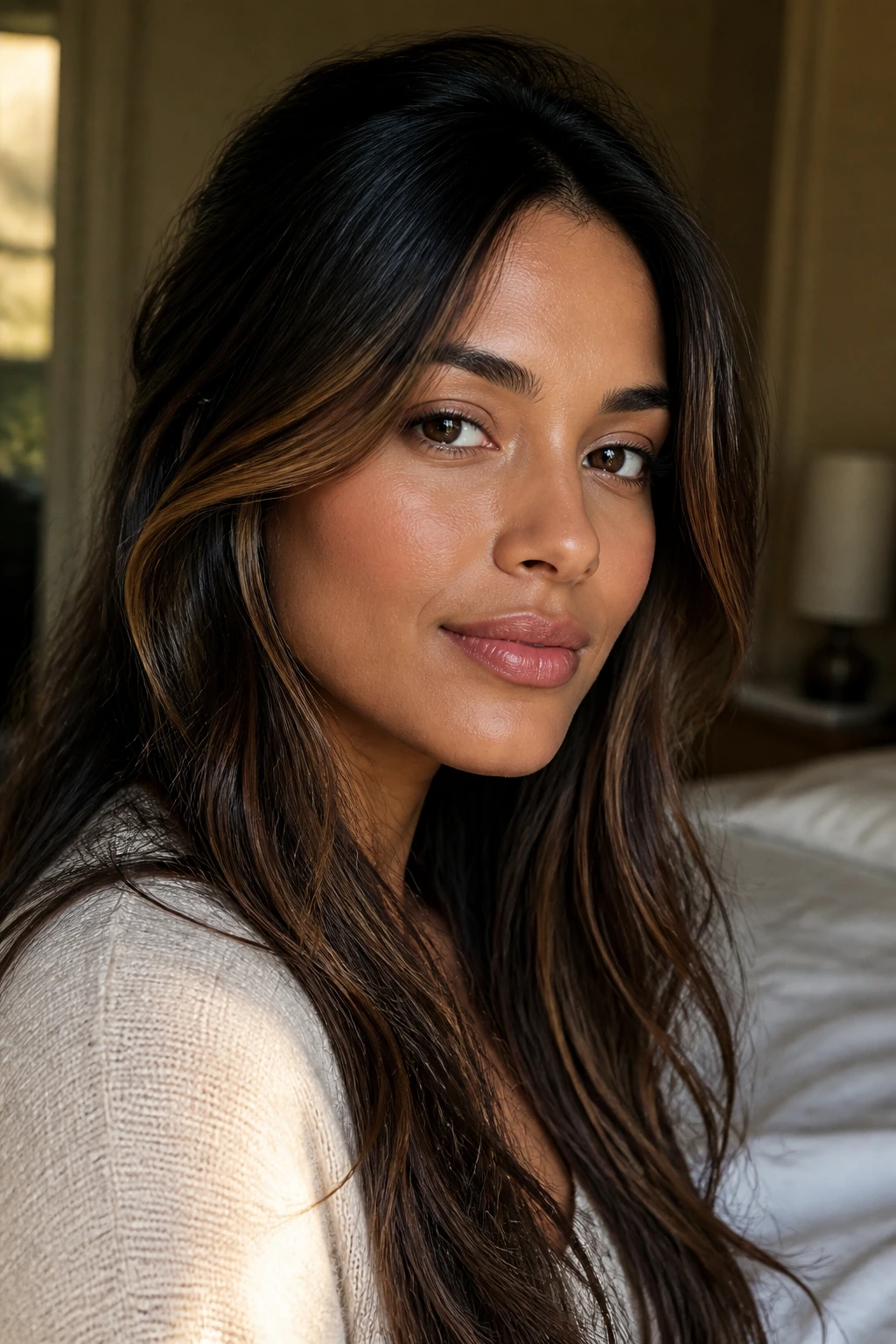 Close-up portrait of a real woman with face-framing brown streaks on medium skin in warm window light