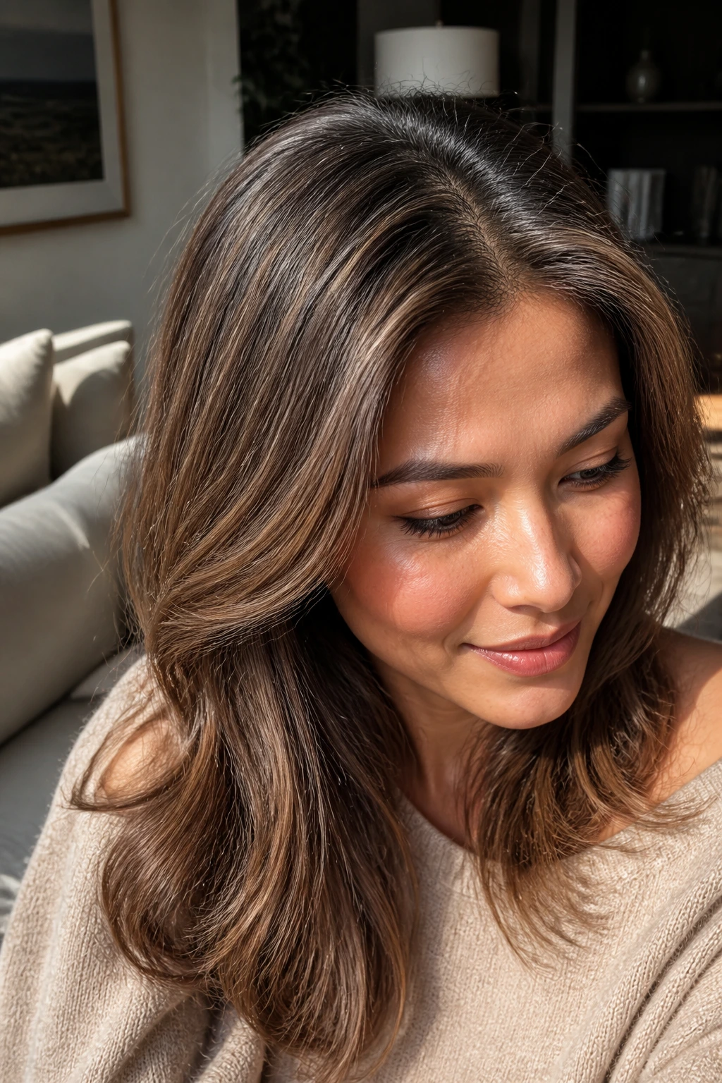 Close-up of brown sugar babylights on a real woman's fine hair in warm daylight.