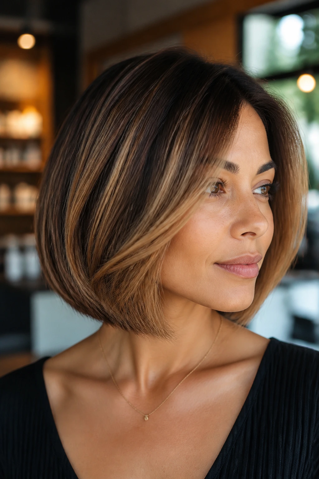 Close-up of a woman with brown sugar balayage on a bob, warm brunette tones