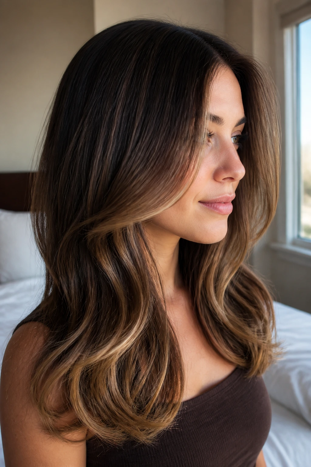 Close-up of real woman with Brown Sugar balayage showing mid-length to end lighter pieces