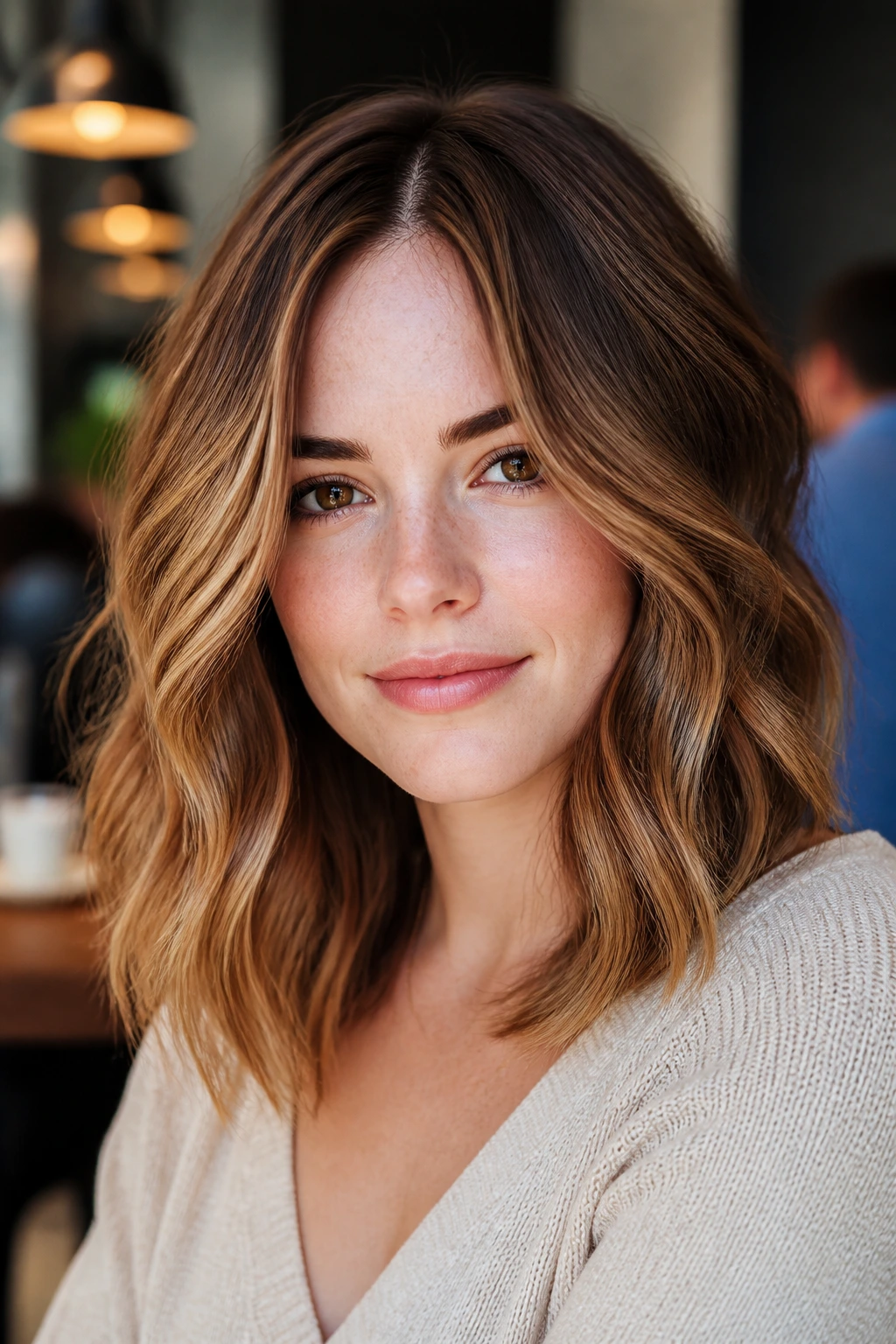 Close-up of a real woman with brown sugar balayage on shoulder-length hair