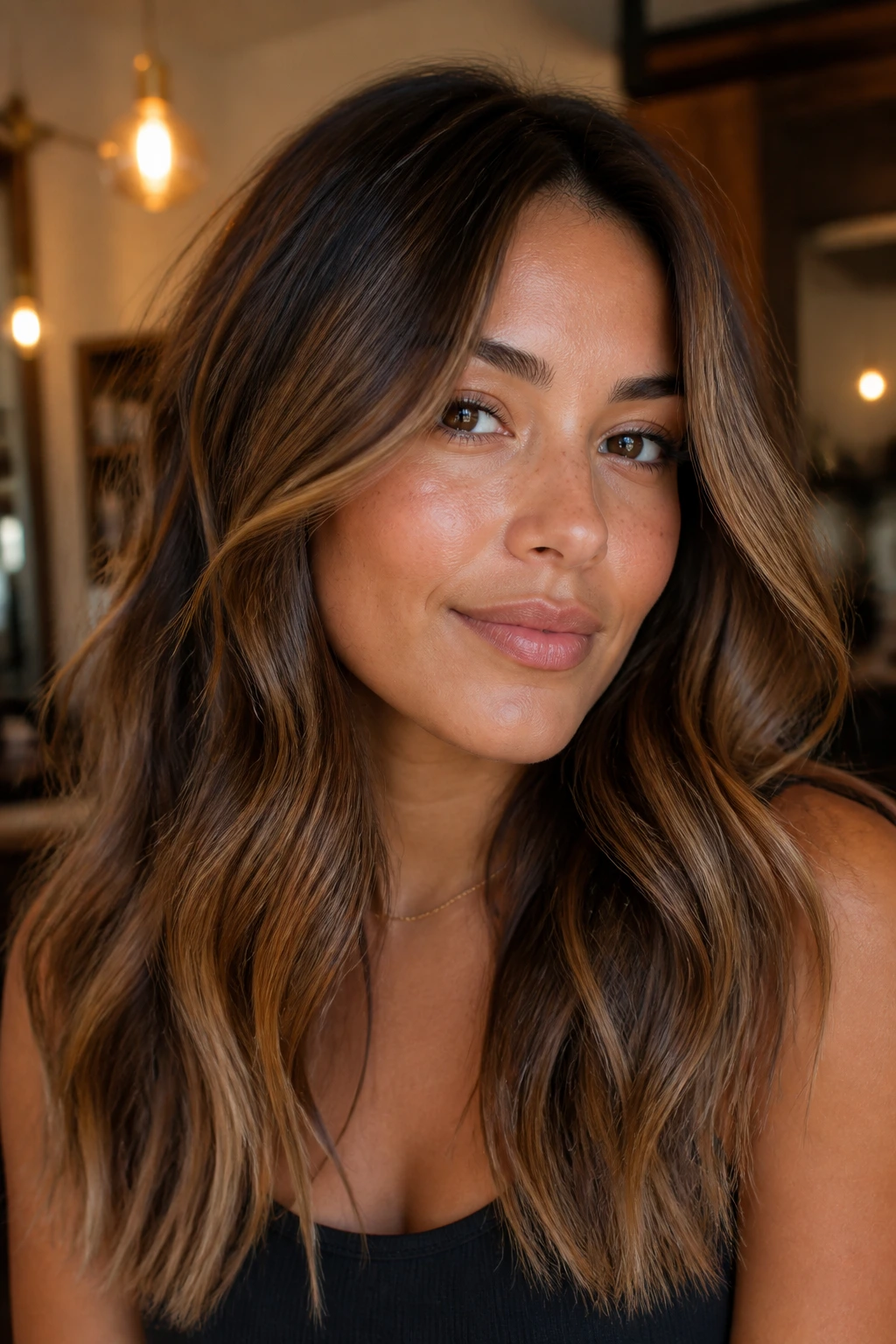 Close-up of brown sugar bronde with brown backbone on real hair