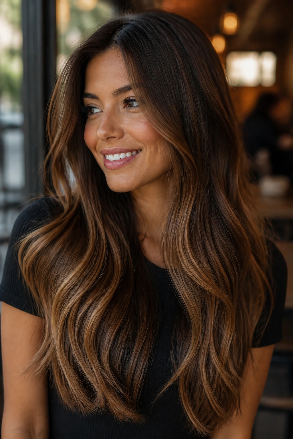 Close-up of a real woman with brown sugar melt hair color on long hair.