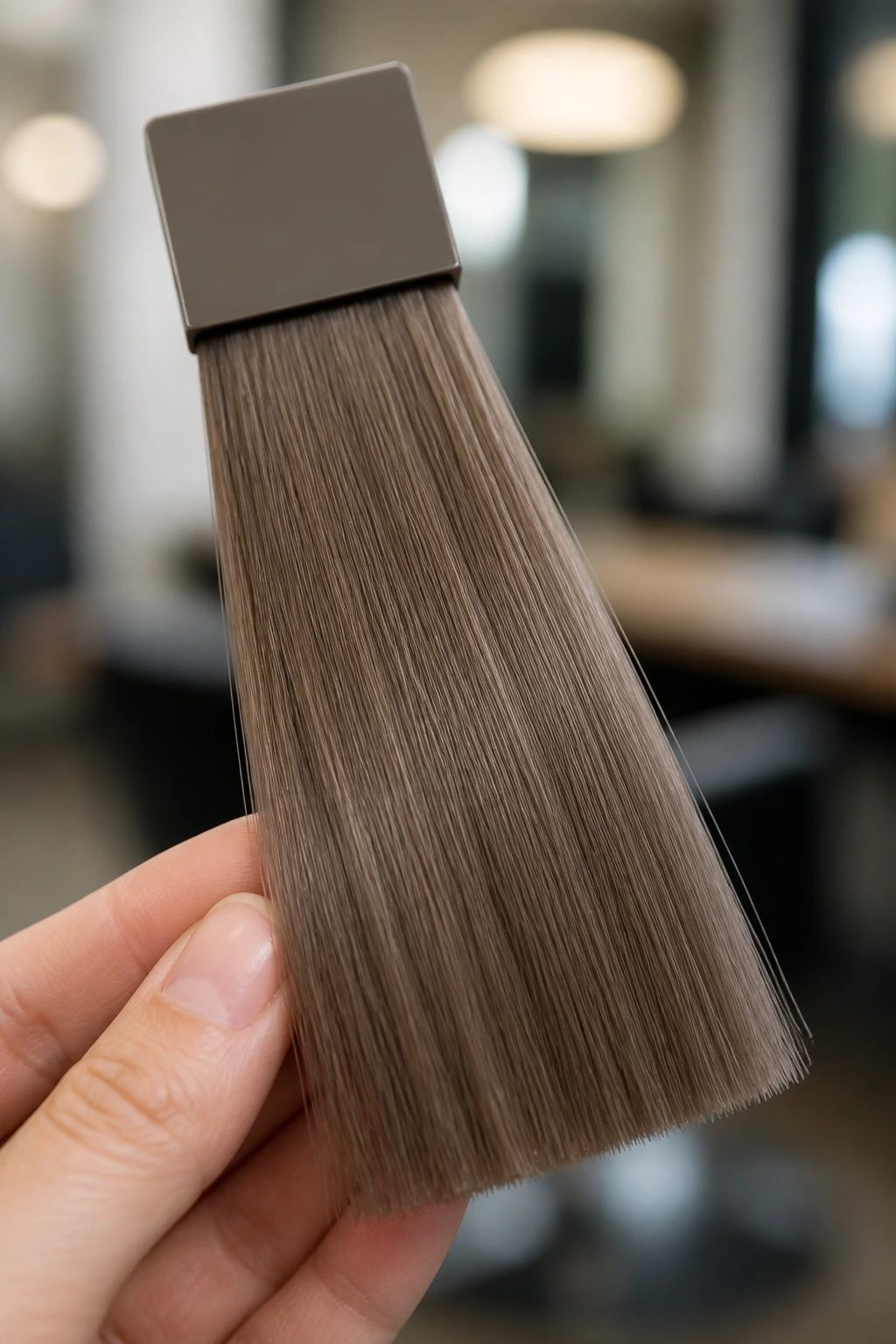 Close-up of a brown hair color swatch held in a salon setting