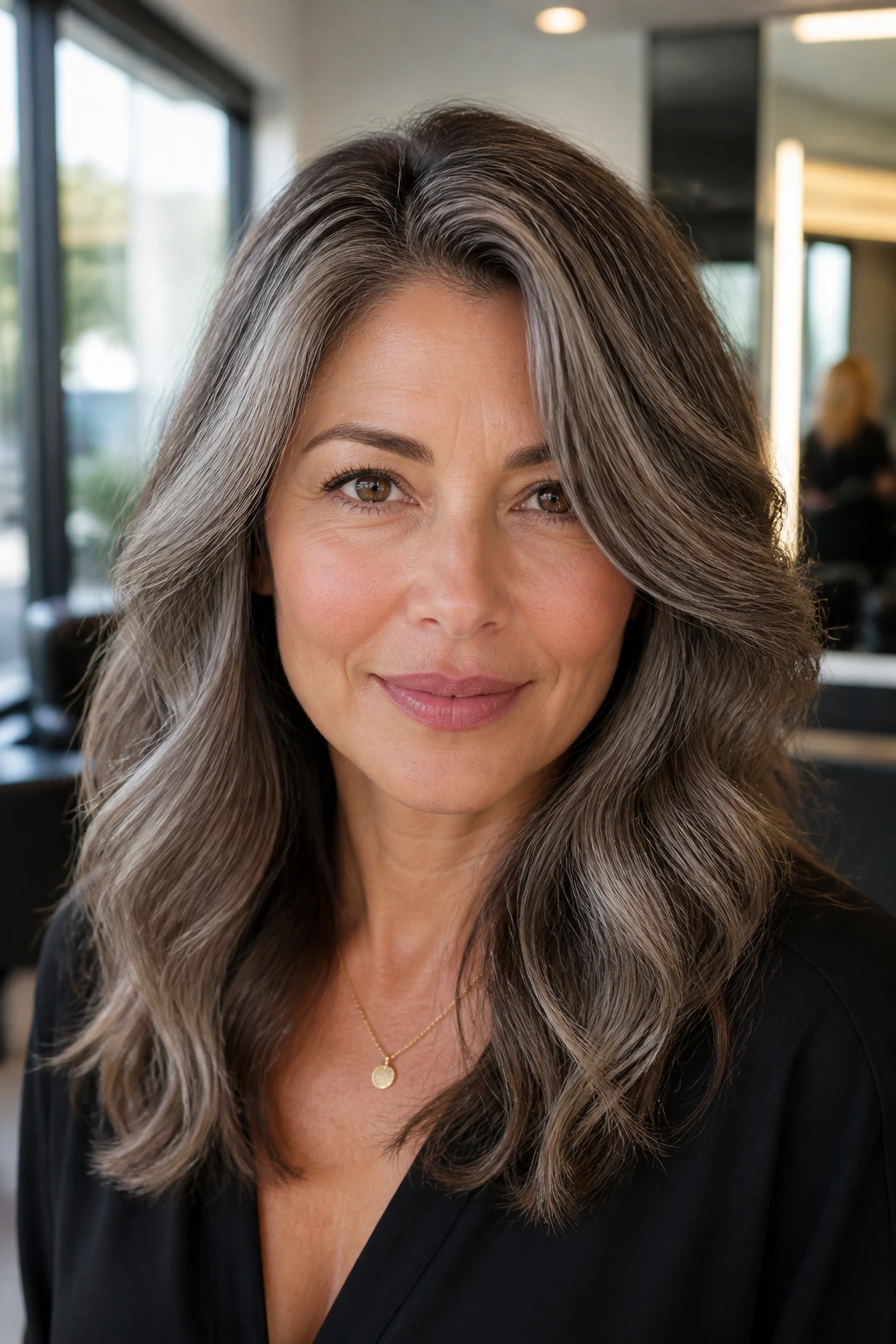 Close-up of a real person with brown-to-grey hair blend on dark hair