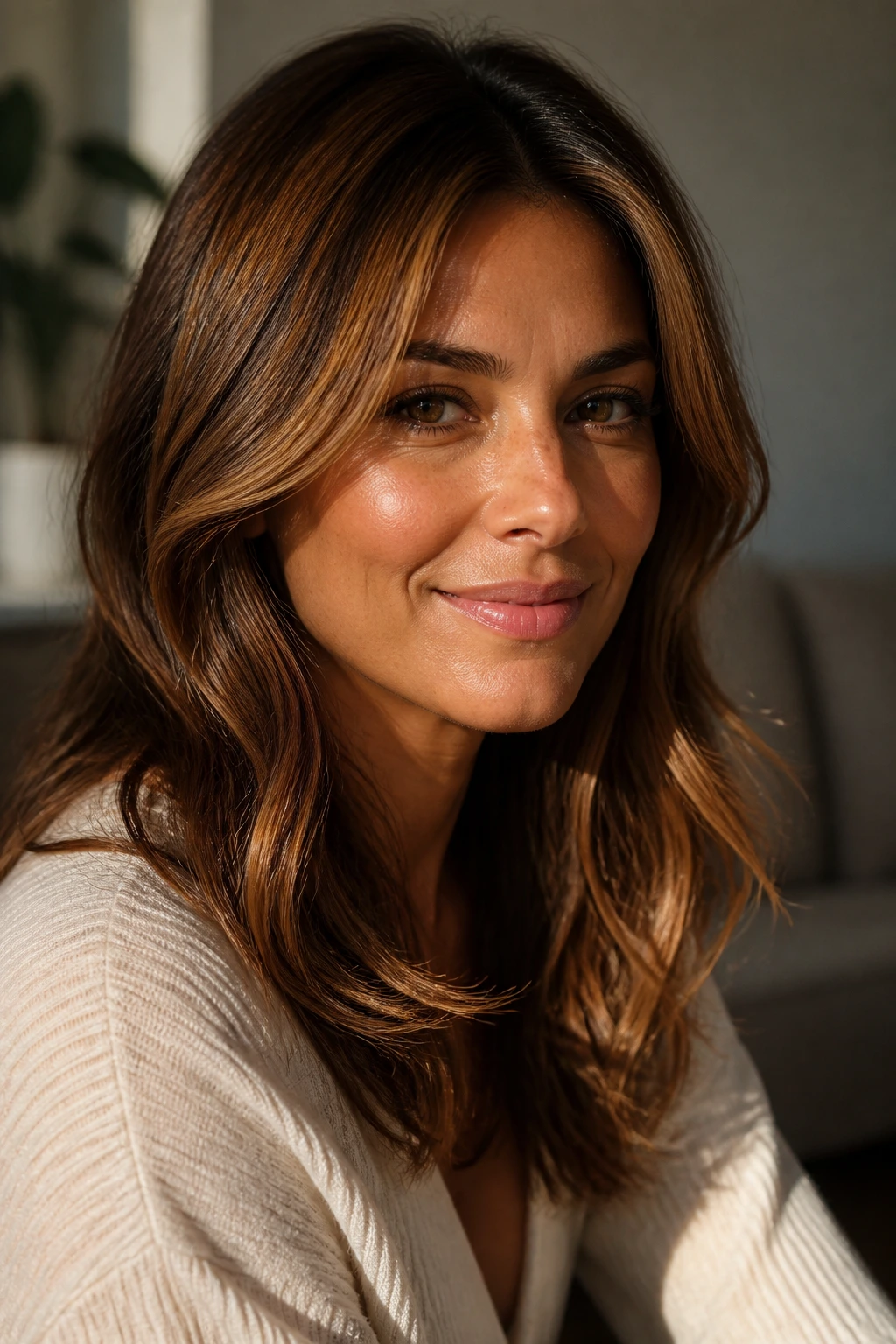 Portrait of a real person with warm-toned brown hair and warm undertones