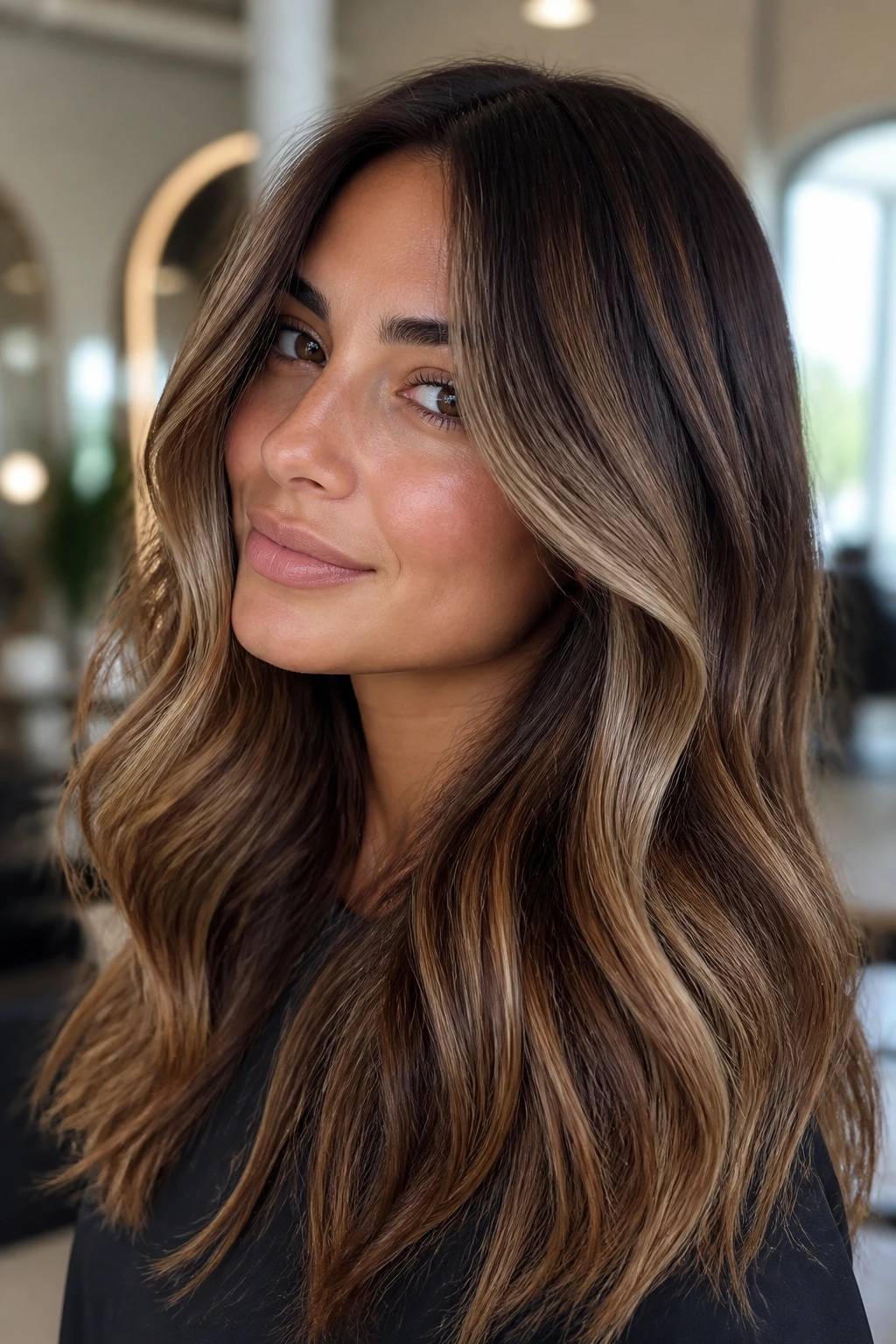 Close-up portrait showing warm caramel, neutral mocha, and cool ash brown tones in a single hairstyle on a real person
