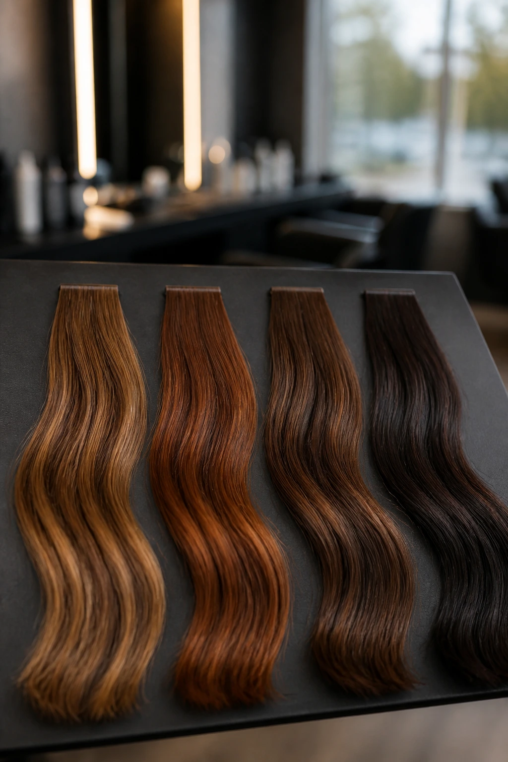 Four brown shade ribbons on a color board in a salon