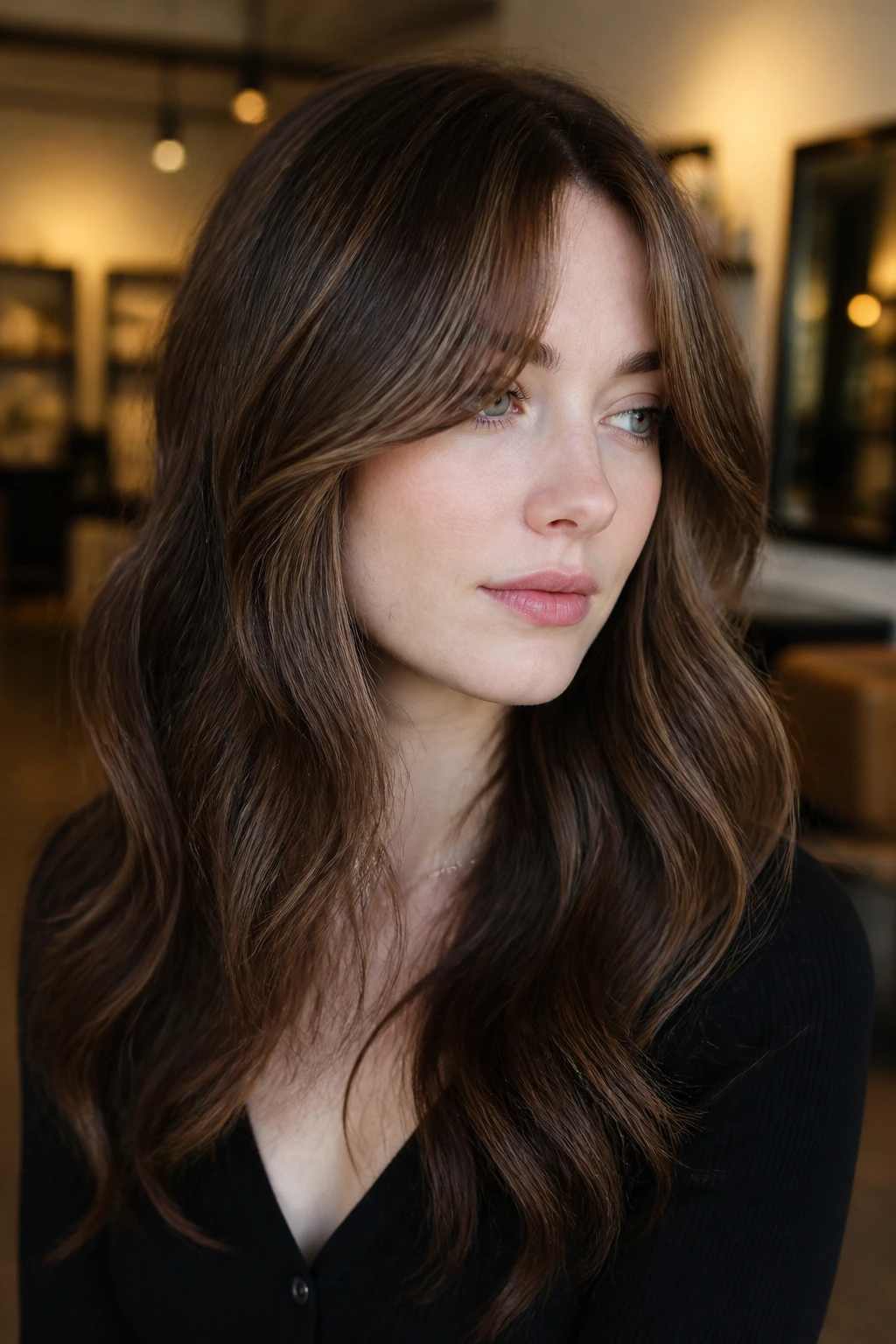 Close-up of a real woman with brown velvet layer lights framing the face.