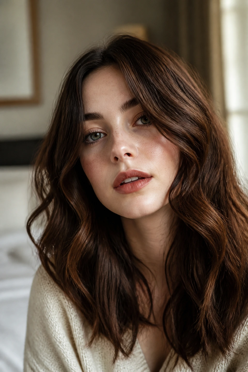 Close-up of a real woman with brown wavy hair framing her face in warm window light
