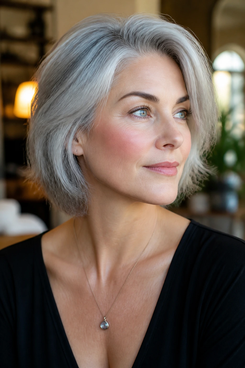 Portrait showing defined brows, soft blush, and a dark neckline with silver hair.