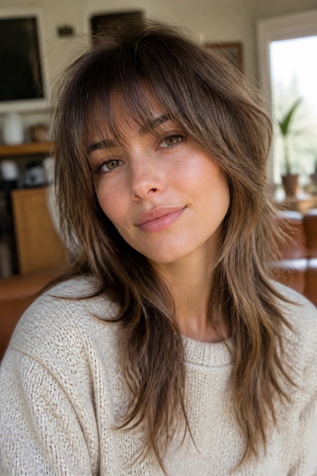 Close-up portrait of a real woman with browskimming fringe wolf cut in natural window light