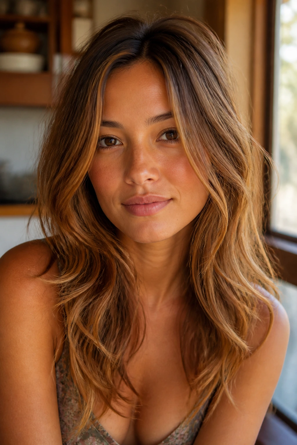 Close-up portrait of brûlée copper layers on a real hair