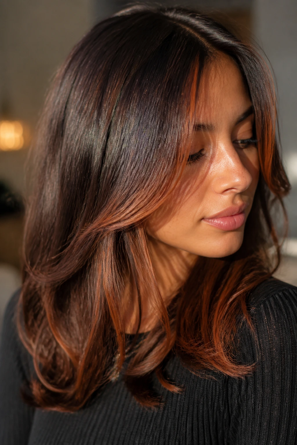 Close-up portrait showing color-block auburn panels on brunette hair