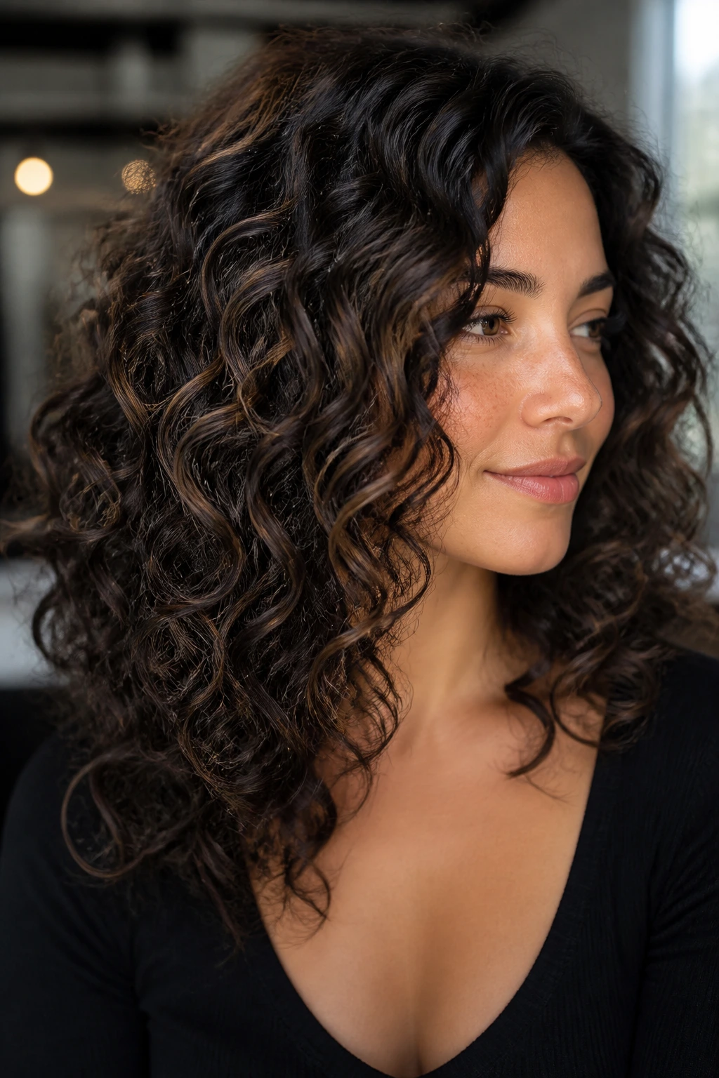 Close-up of brunette curly hair with soft babylight cloud highlights
