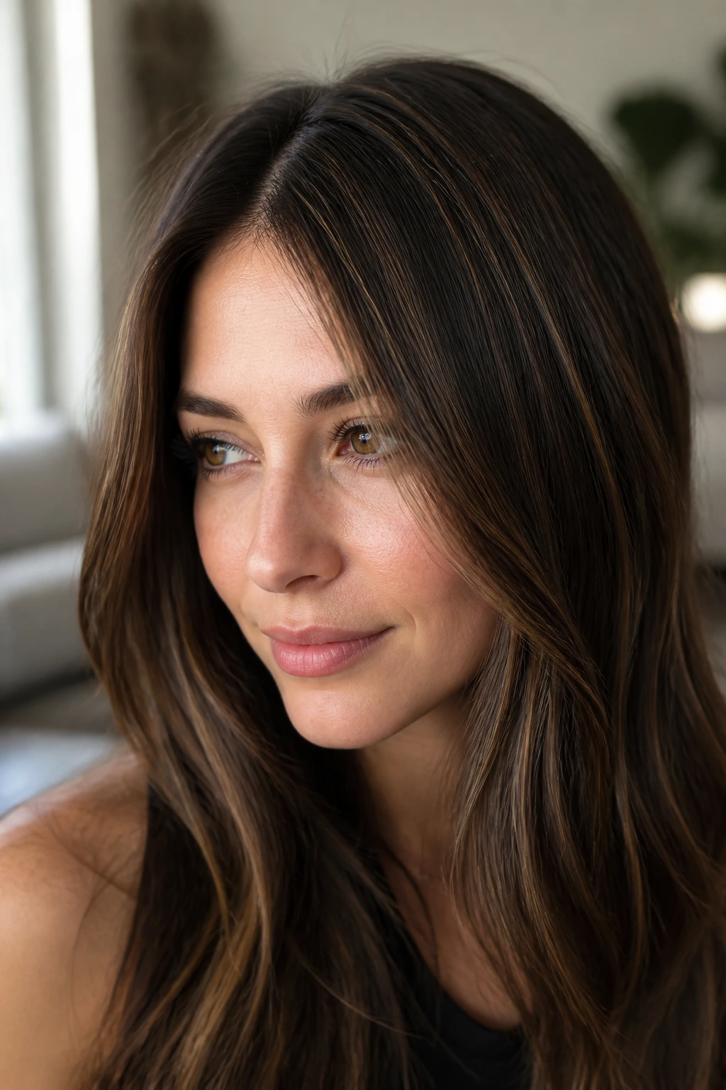 Brunette with subtle fine babylights for a barely-there glow