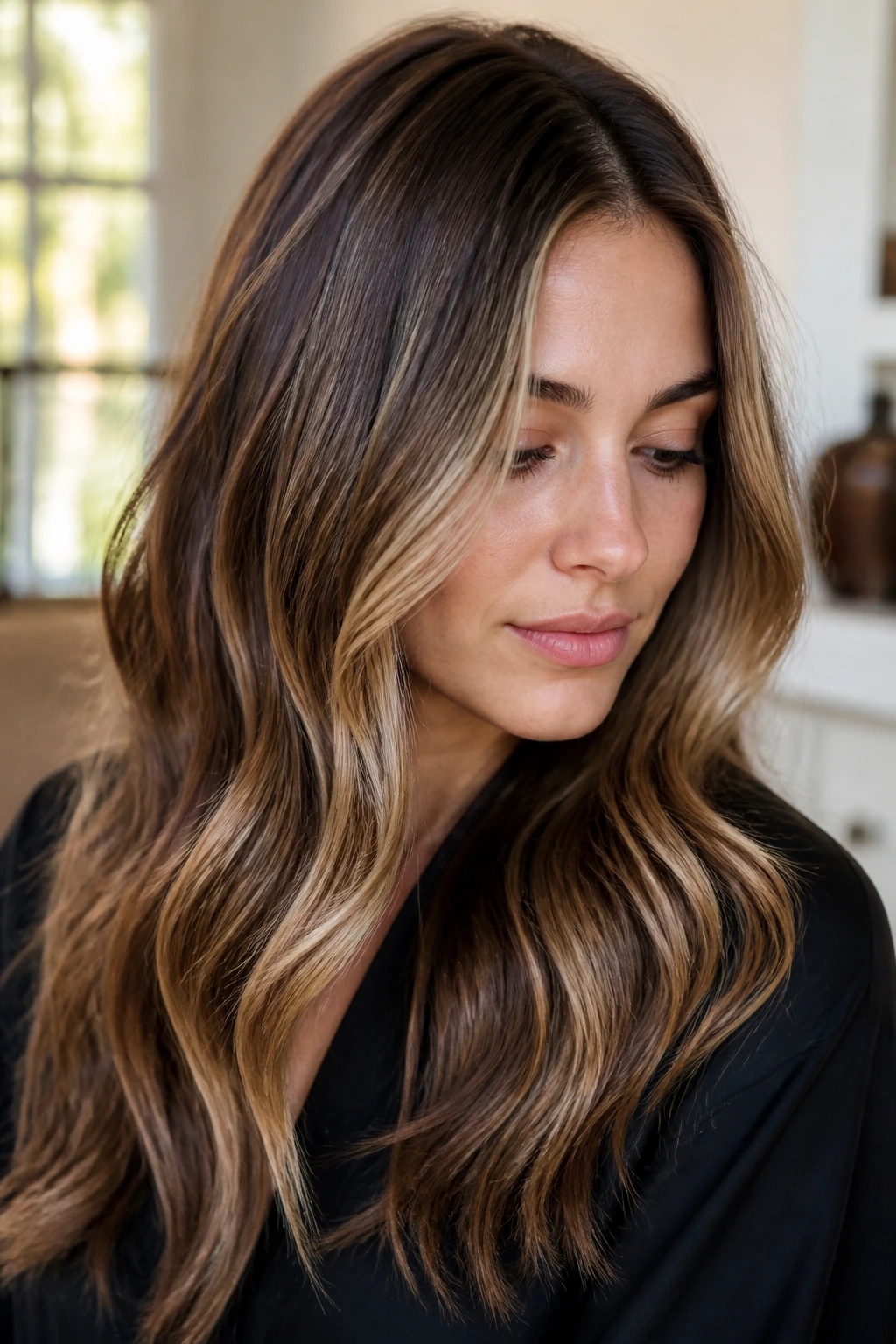 Brunette with babylights styled in loose waves