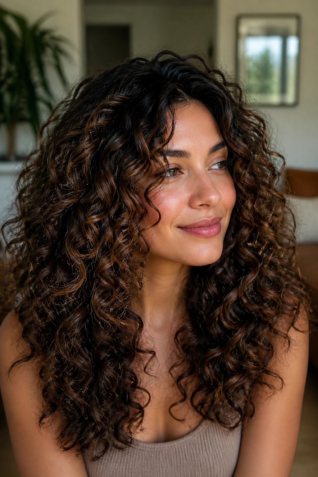 Portrait of a woman with dark curly hair and dimensional brunette balayage.