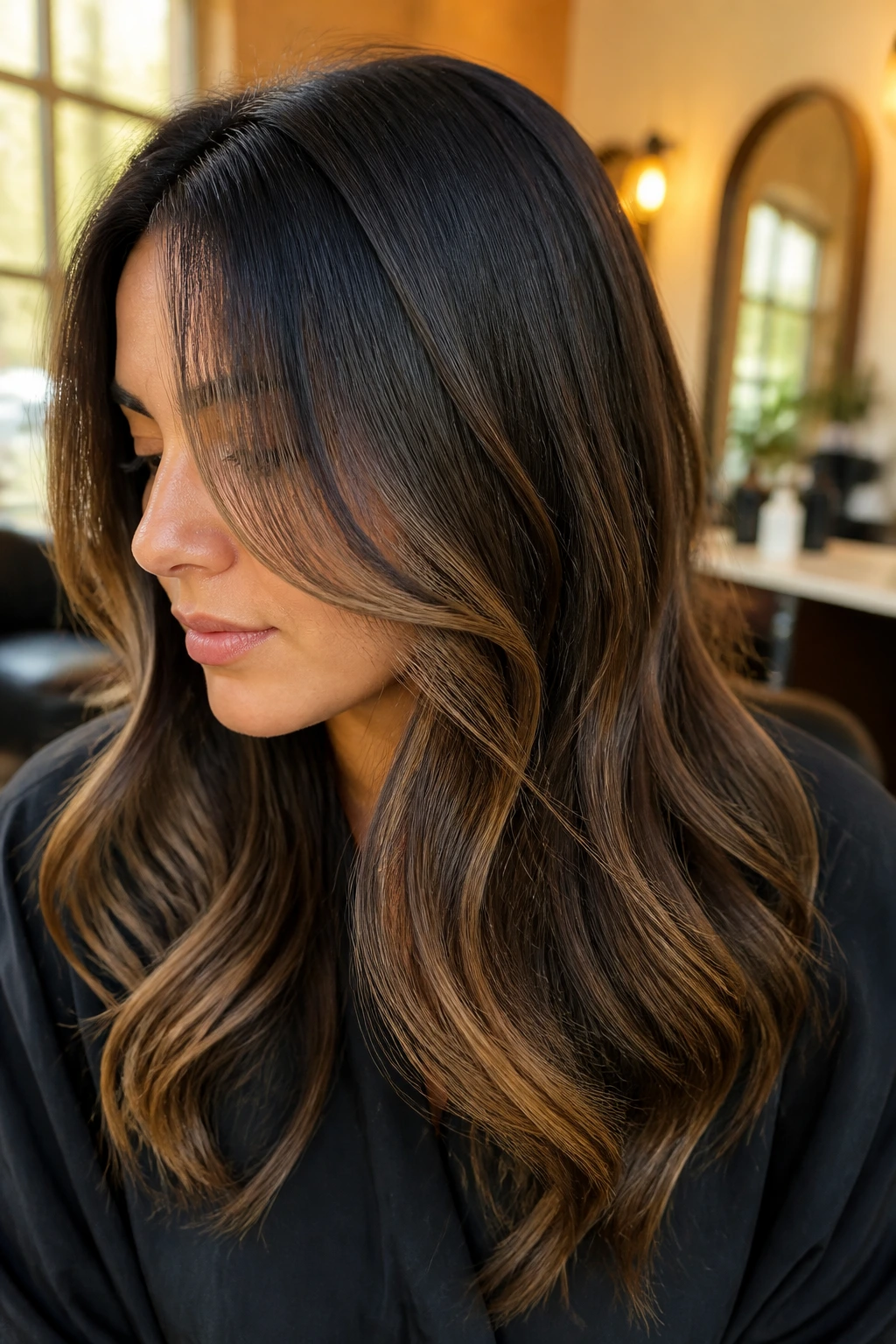Close-up brunette with honeyed espresso balayage and face-framing light pieces