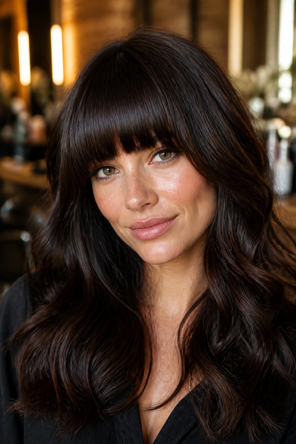 Glossy brunette bangs with deep color under warm salon lighting