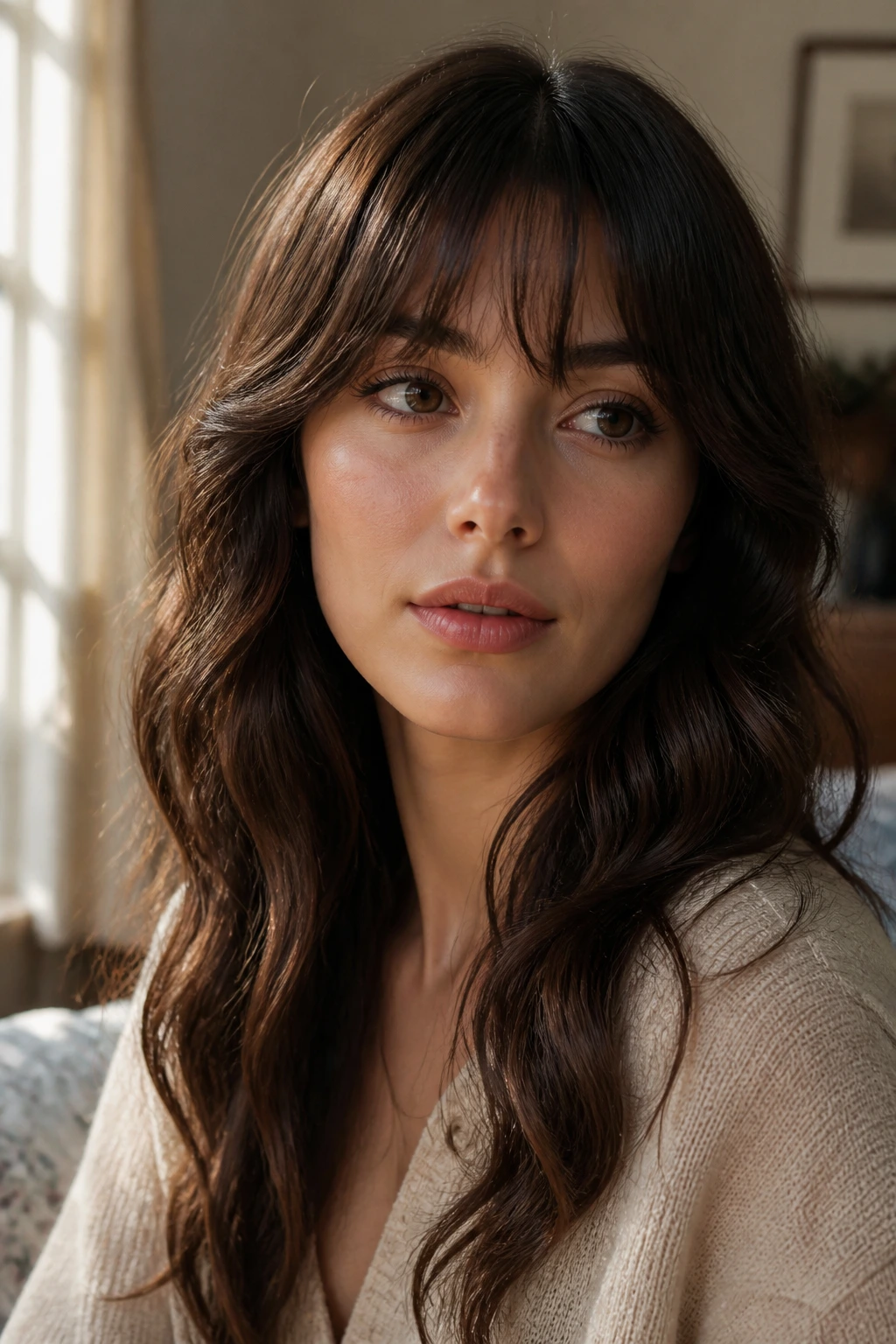 Brunette bangs on an oval-faced woman with wavy hair in soft window light