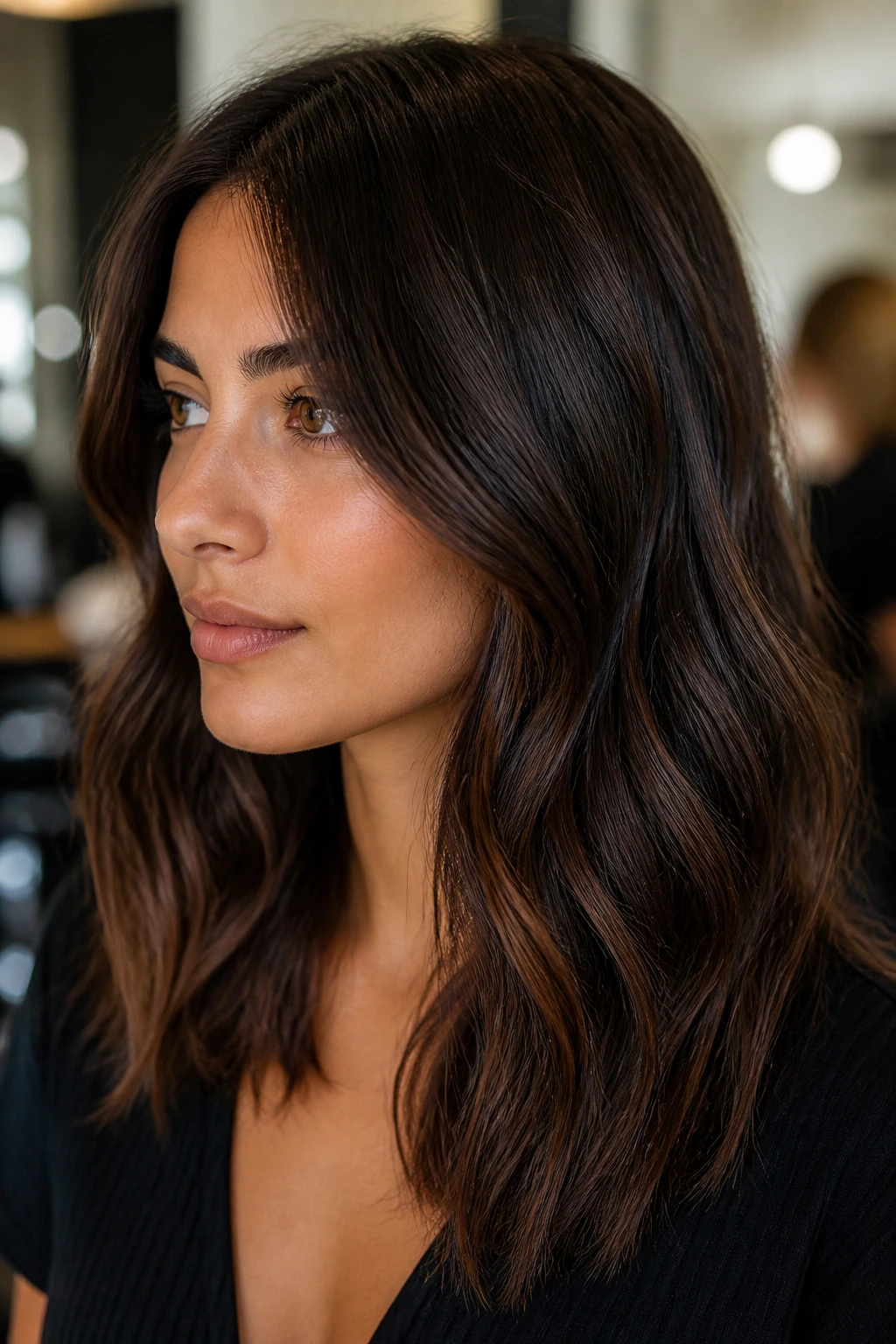 Close-up of brunette base color on real person with depth and warmth