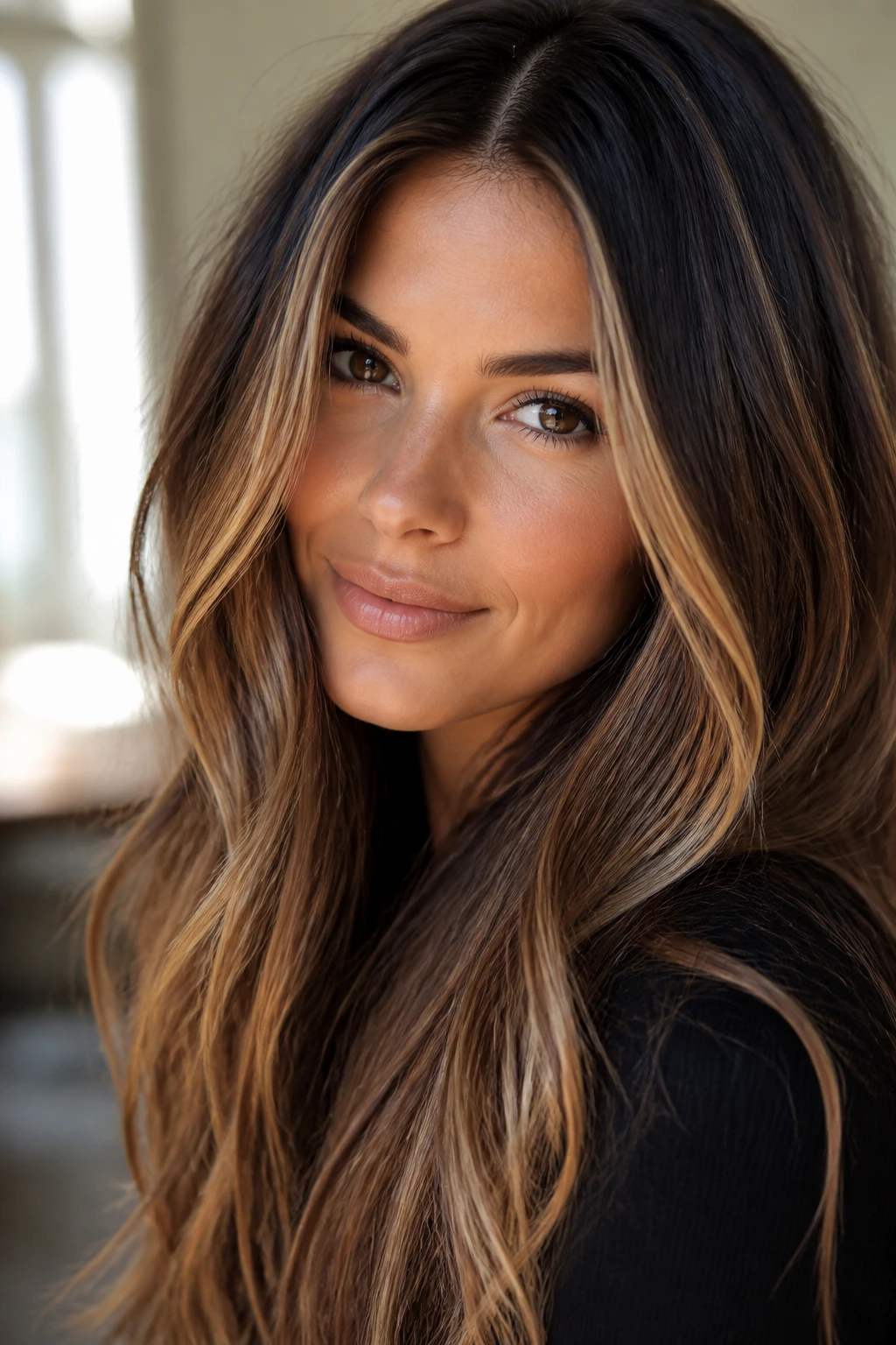 Portrait of brunette with honey-gold highlights showing suitability.