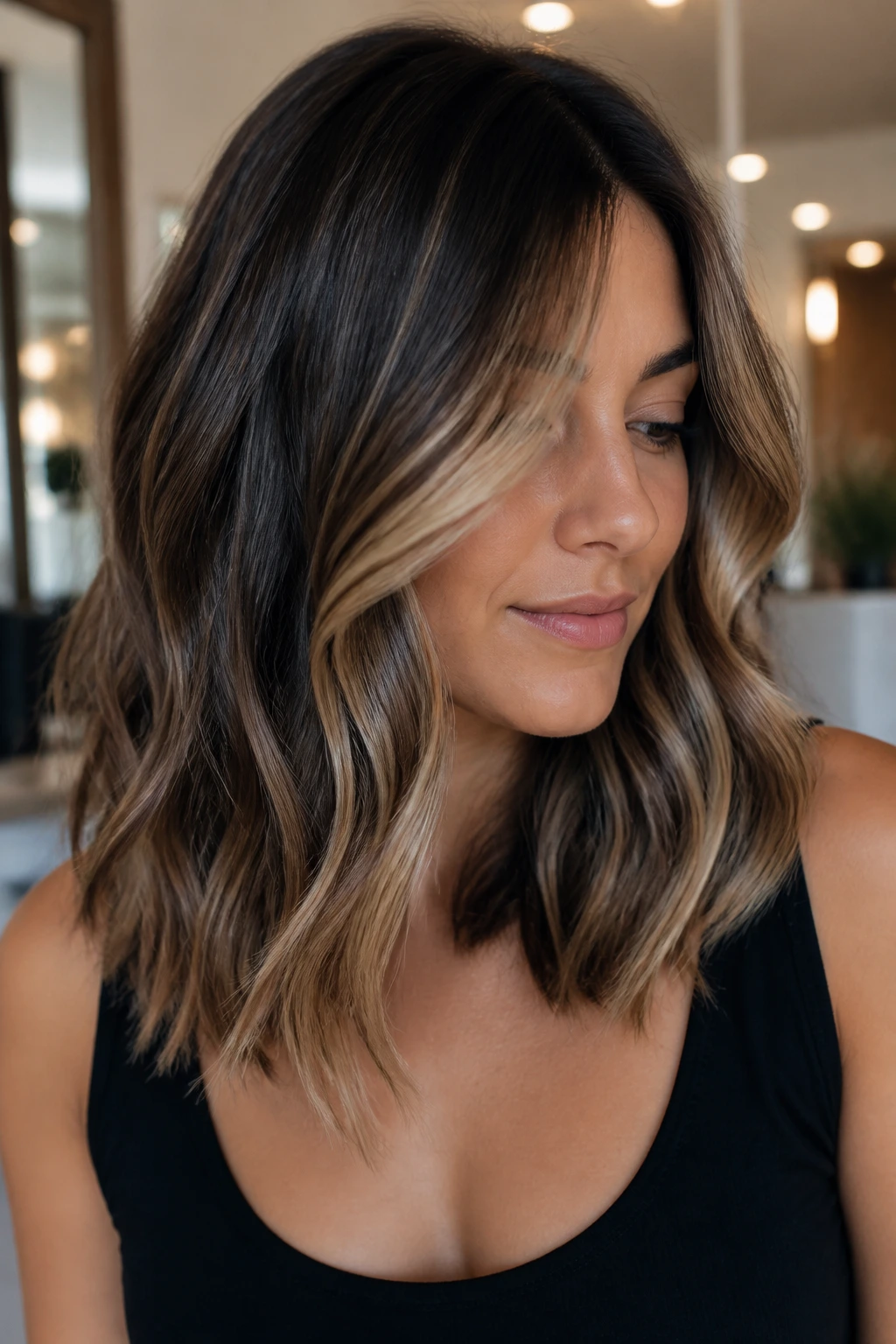 Brunette with soft blonde ribbons and shadowed roots, balanced look.