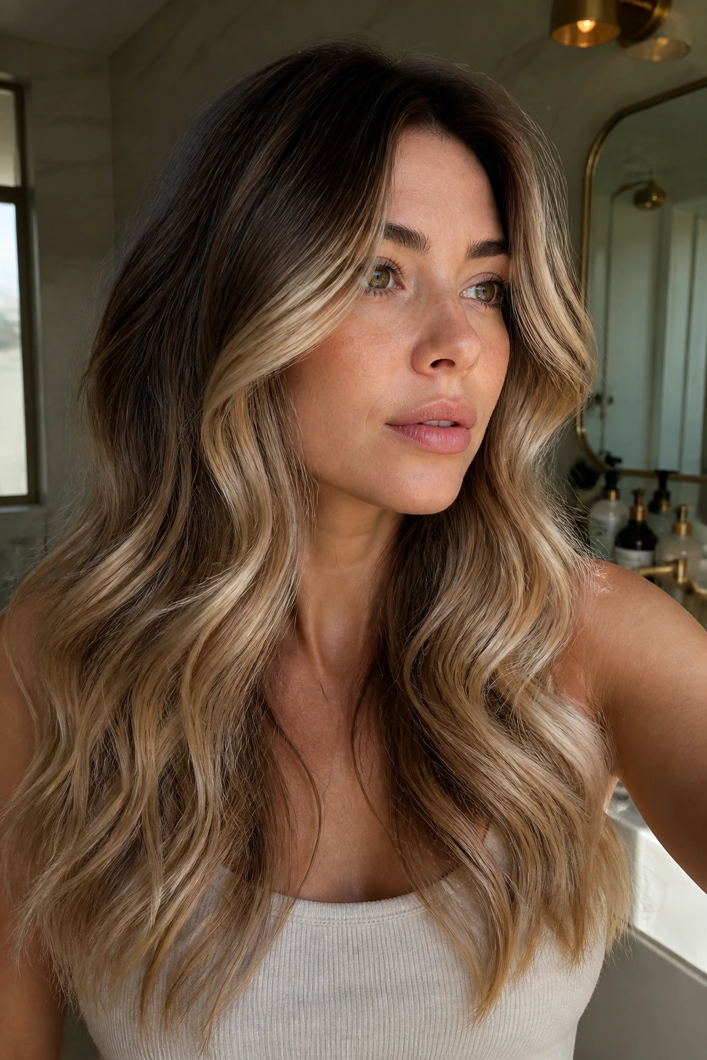 Portrait of a real woman with brunette-to-blonde hair showing seamless color transition