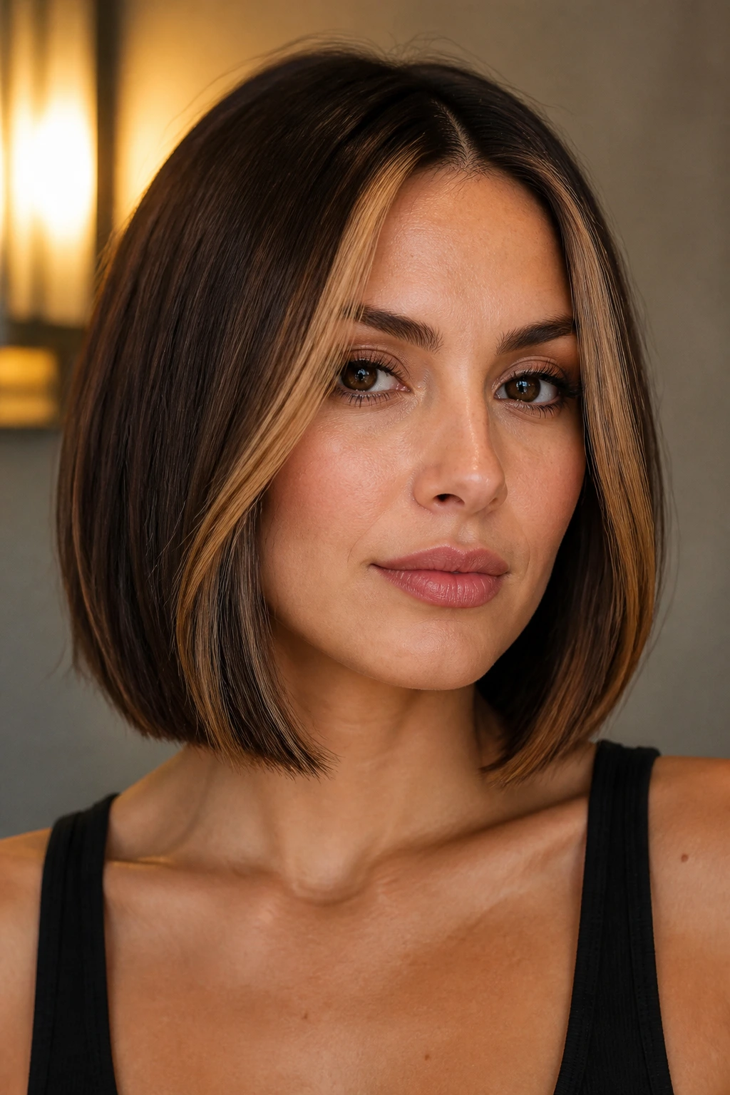 Portrait of a brunette bob with caramel front pieces
